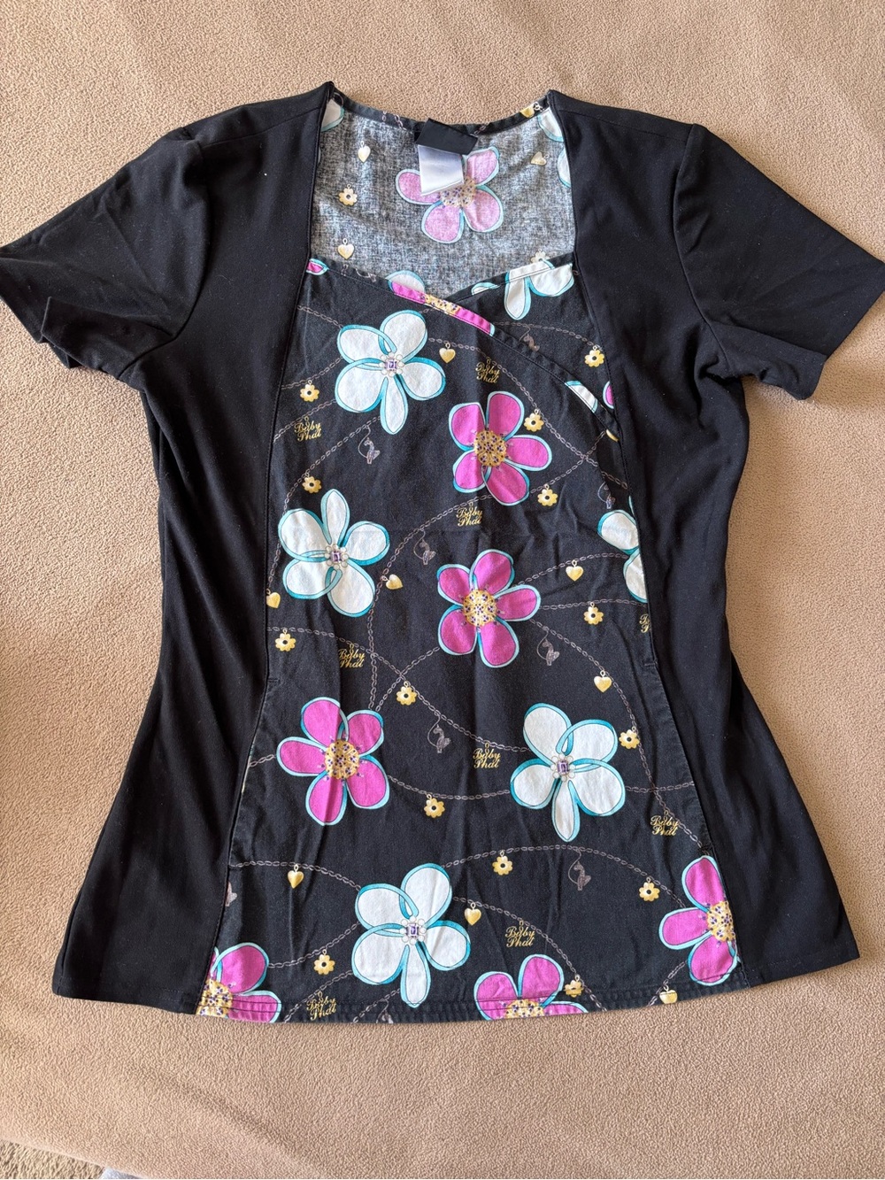 Baby Phat Black Short Sleeve Top with Pink & Teal Floral Panel